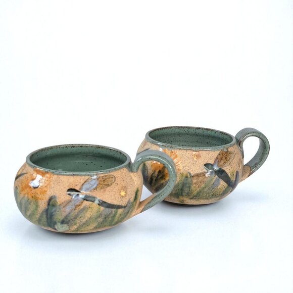 Set of Two Dragonfly Pottery Soup Bowl Mug Dragon Fly - Picture 1 of 9